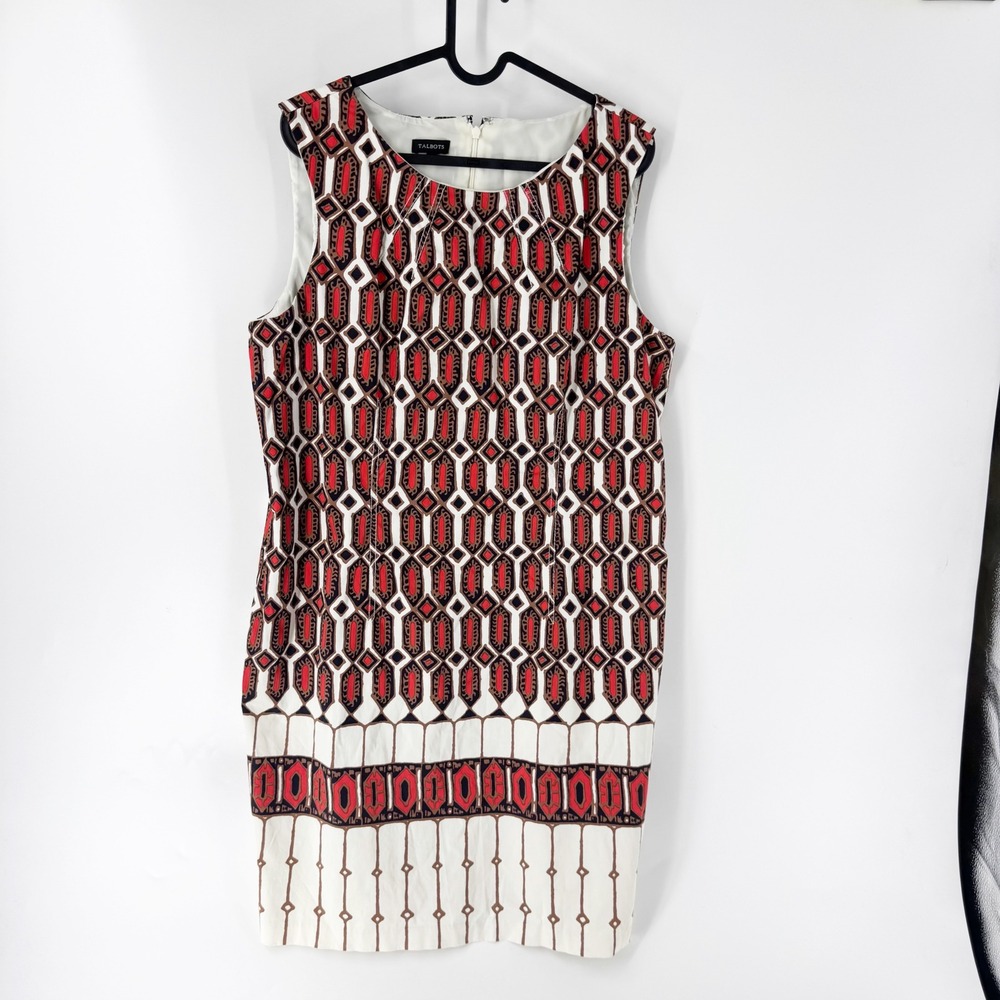 Talbots Womens Geometric Diamond Print Sleeveless Shift Dress Red Brown Cream